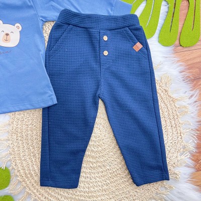 Conj. Blusa Manga Longa Baby Bear e Calça Malha Waffle - Azul Marinho